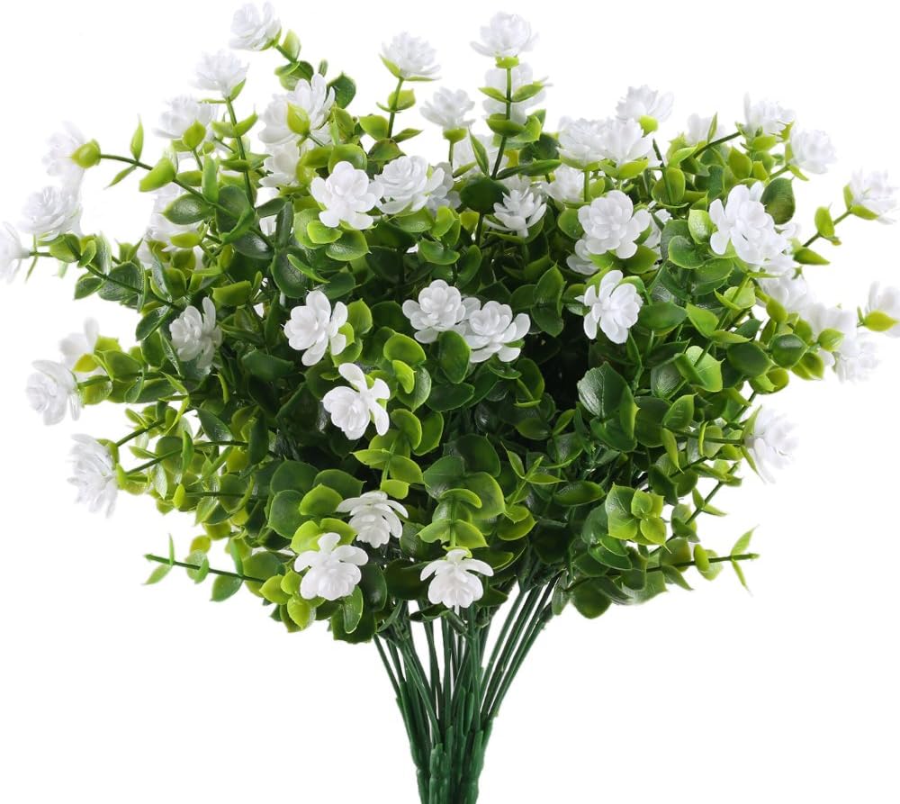 HUAESIN UV Artificial Flowers for Outdoors Eucalyptus Artificial Plants Greenery Shrubs Plastic Flowers for Indoor Pot Vase Bedroom Wedding Centerpieces Decor White and Green 4pcs