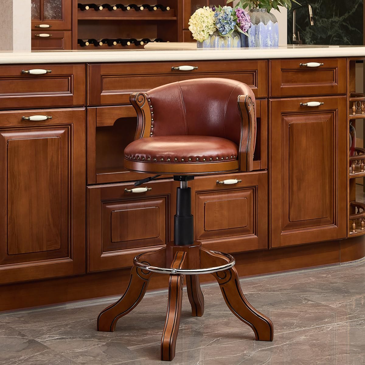 Swivel Adjustable Height Bar Stool - Genuine Top Grain Leather & Solid Wood Frame - Hydraulic Lift, Footrest Mid-Back Stool for Kitchen Island