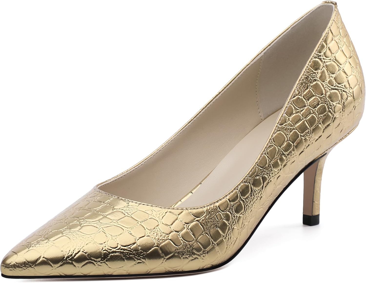 JUSTVINDO Women's Pointed Toe Pumps - Black & Gold Kitten Heel Dress Shoes (2 Inch)