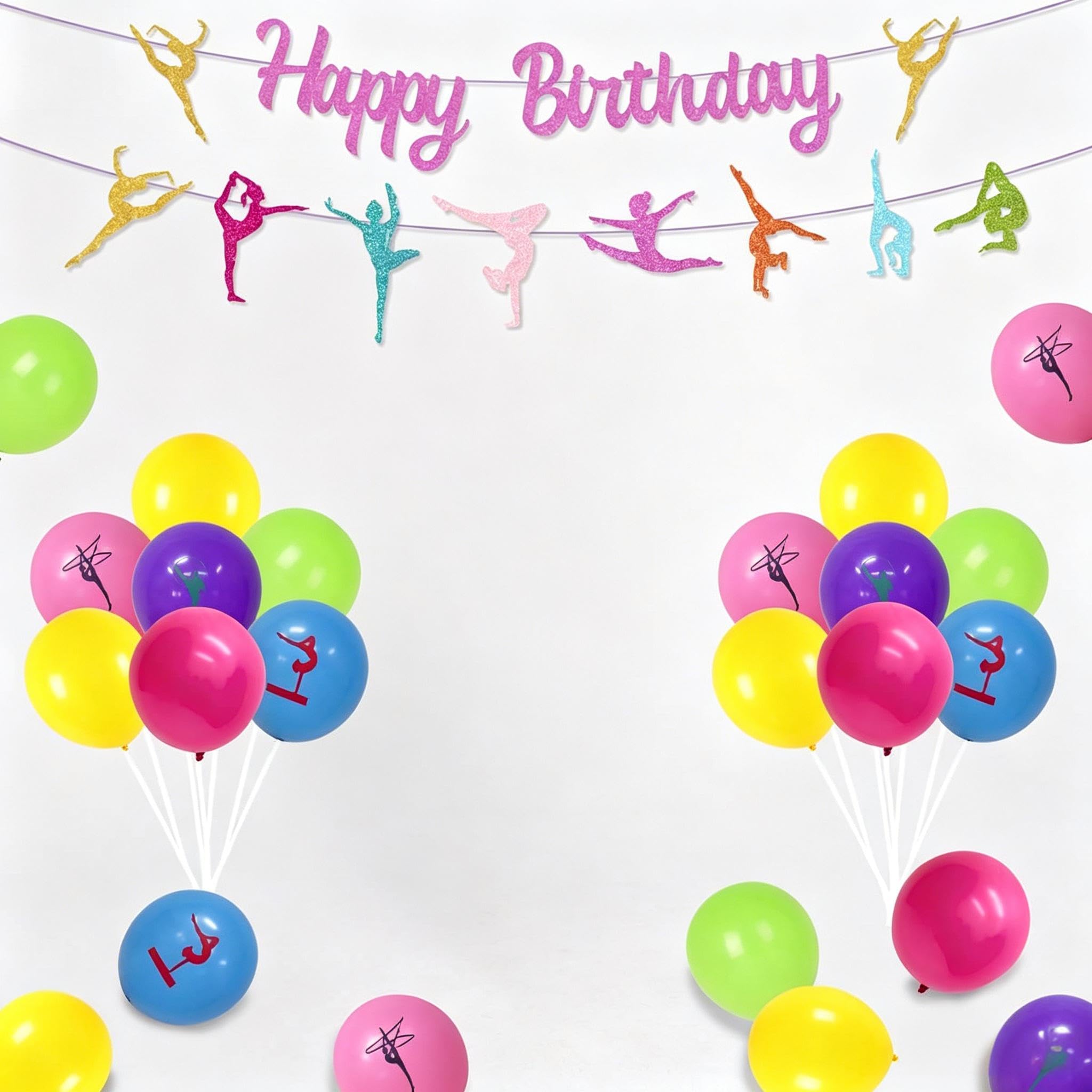 Happy Birthday dekoracje urodzinowe: baner Happy Birthday, balony i girlanda do ciast i babeczek o tematyce gimnastyki