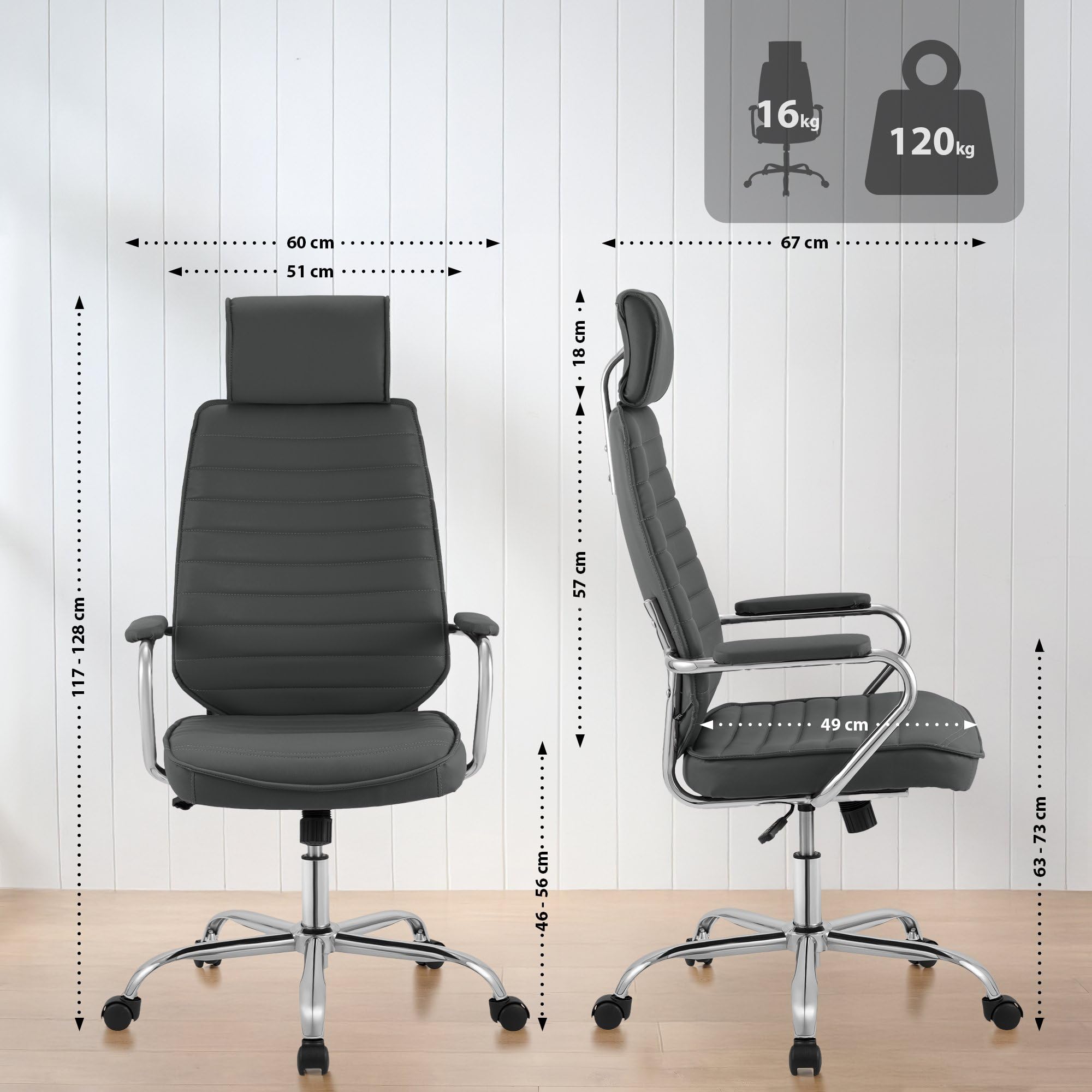 CLP Chaise de Bureau Ergonomique Rako, Réglable en Hauteur, Pivotante en Cuir Synthétique, Dossier avec Appui-tête, Accoudoirs Rembourrés, Couleur:Gris