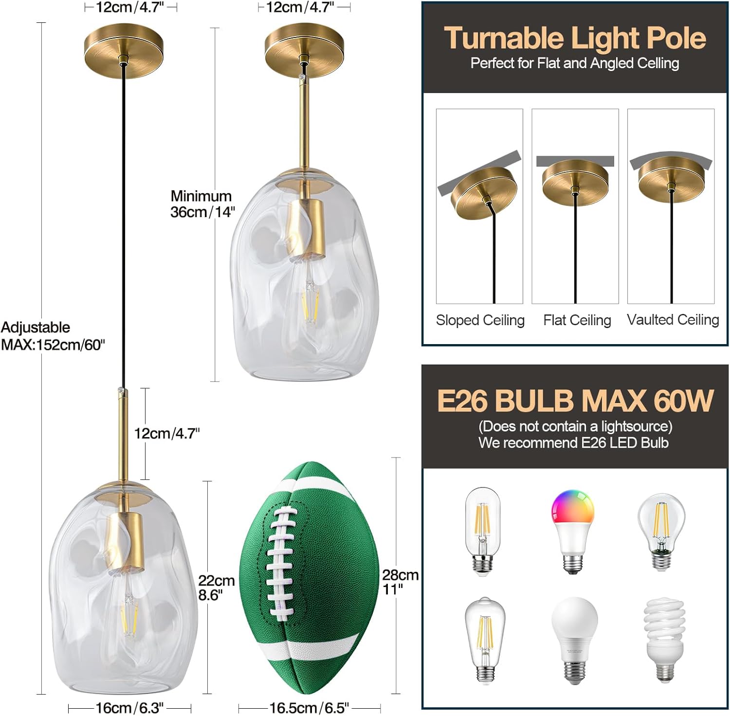 6.3in Modern Kitchen Pendant Lights, Brass Color Pendant Light Fixtures with Hand-Blown Clear Glass Light Fixture for Kitchen Island Sink Dining Room Bedroom Hallway, 1-Light