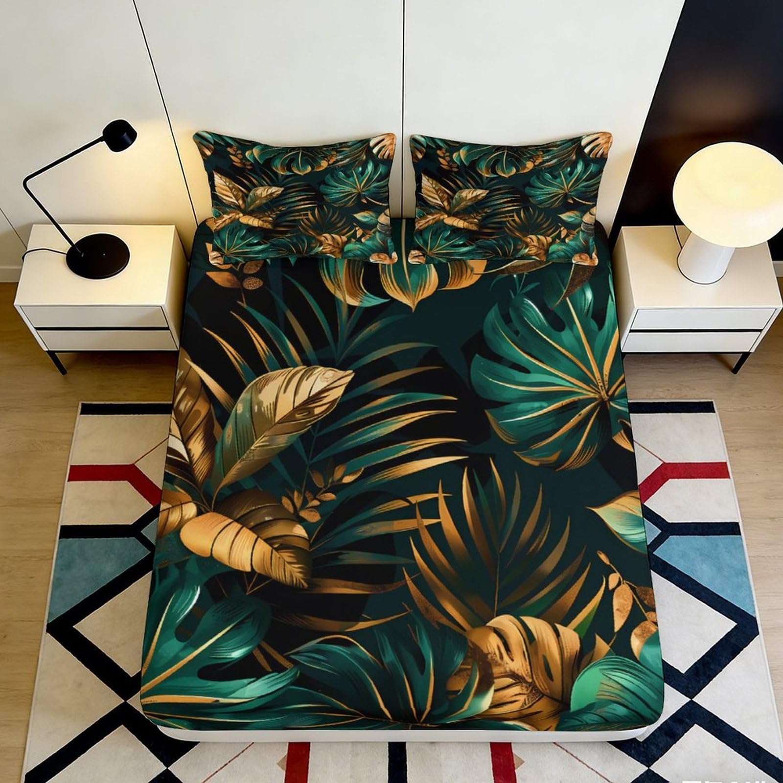 3D Printed Tropical Leaf Fitted Sheet Microfiber Soft Breathable Botanical Mattress Cover for Bedroom Dormitory Guest Room Mattress Protection Decor 140x200x25cm