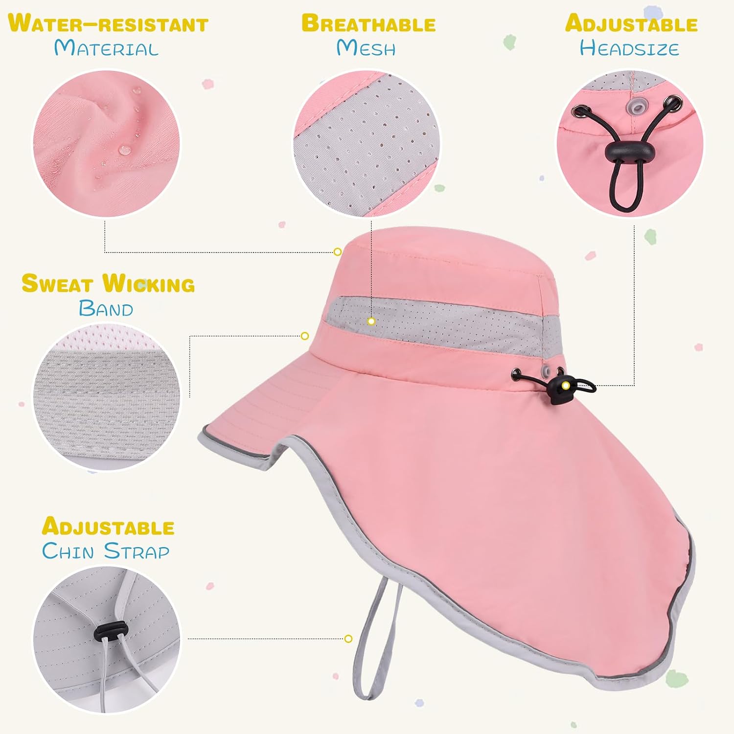 Kids Sun Hat UPF50+ Sun Protection Boys Bucket Hat Summer Girls Beach Hats with Neck Flap Adjustable Fishing Safari Hat
