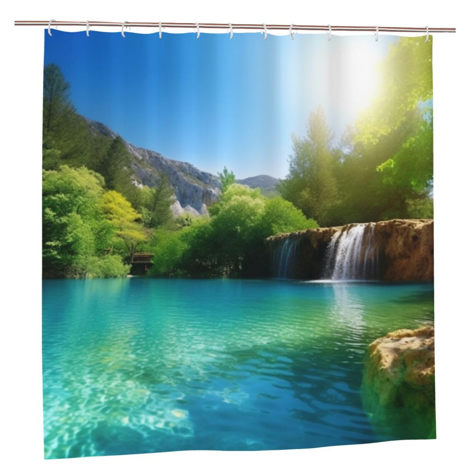 BWWHCCTI Beautiful Pool Lake Printed Shower Curtain With 12 Plastic Hooks Opaque Quick Drying Waterproof Shower Curtains Sets For Bathroom 183x183 CM