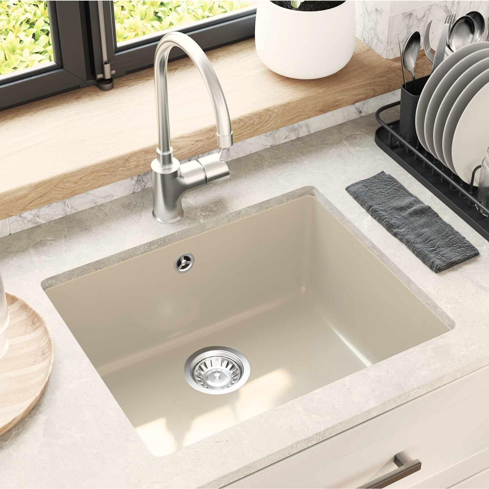 Fregadero de cocina beige de 530 x 460 mm, 80% cuarzo, 20% resina, fregadero empotrable con desagüe, juego de accesorios y rejilla para cestas, fregadero de granito resistente a los arañazos
