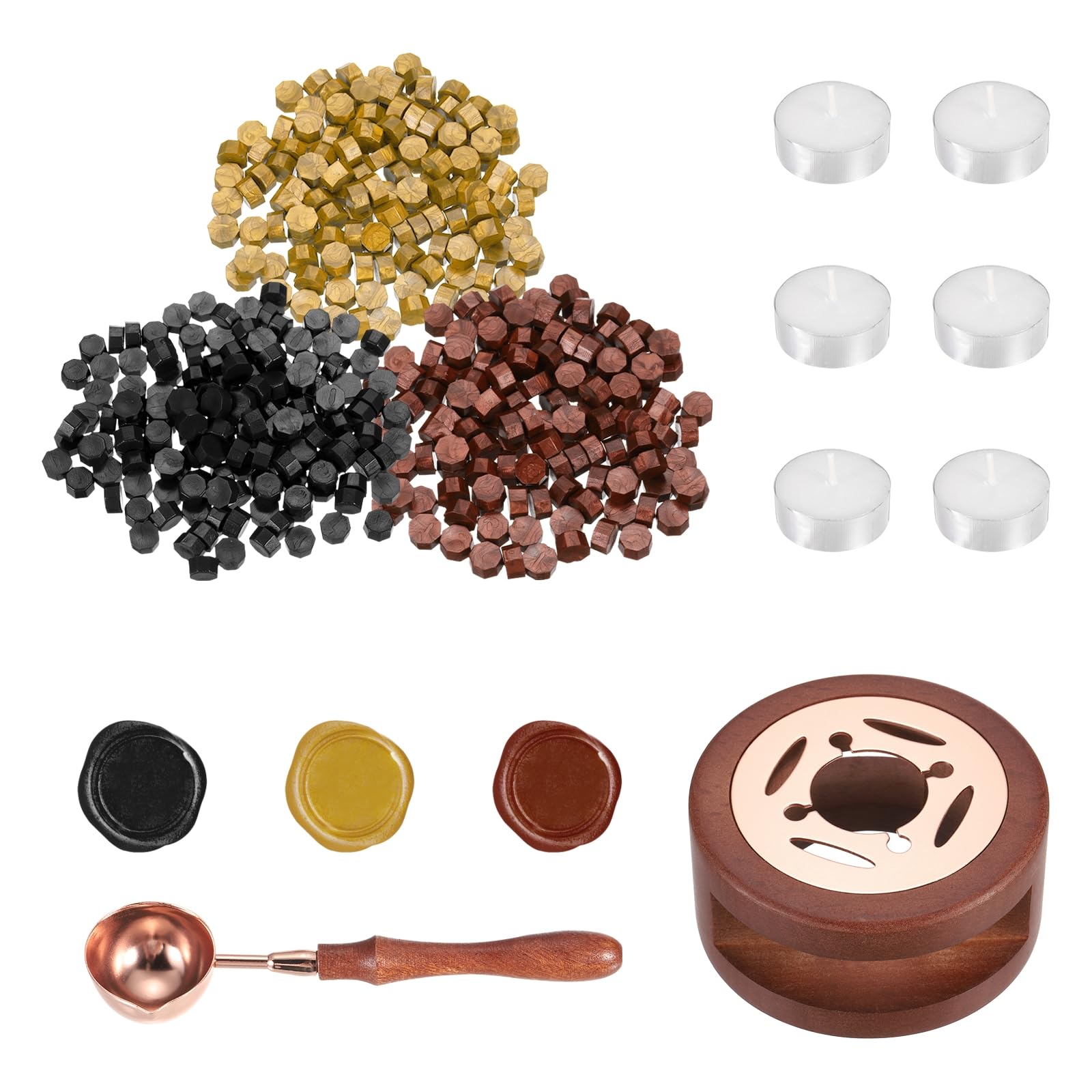 PATIKIL Wax Seal Kit, 150 Pcs Wax Sealing Beads, Wooden Warmer, Melted Spoon, 6 Pcs Tealight Candles for Envelope Letter Mailing Crafts DIY, Black/Gold/Red Gold
