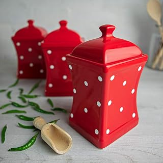 City to Cottage Red and White Polka Dot Handmade, 31.5oz/900ml Ceramic Kitchen Storage Jar Set of 3, Same Size Large Canisters