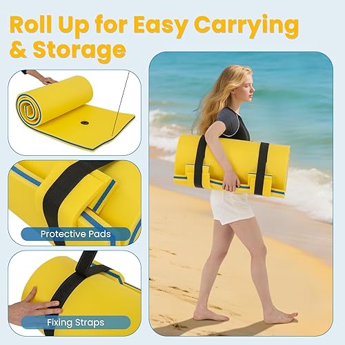 Miniatura 5 de GYMAX Alfombrilla de agua flotante, hamaca gruesa de espuma de natación con diseño de almohada rodante, colchón portátil de balsa de agua de 3 capas