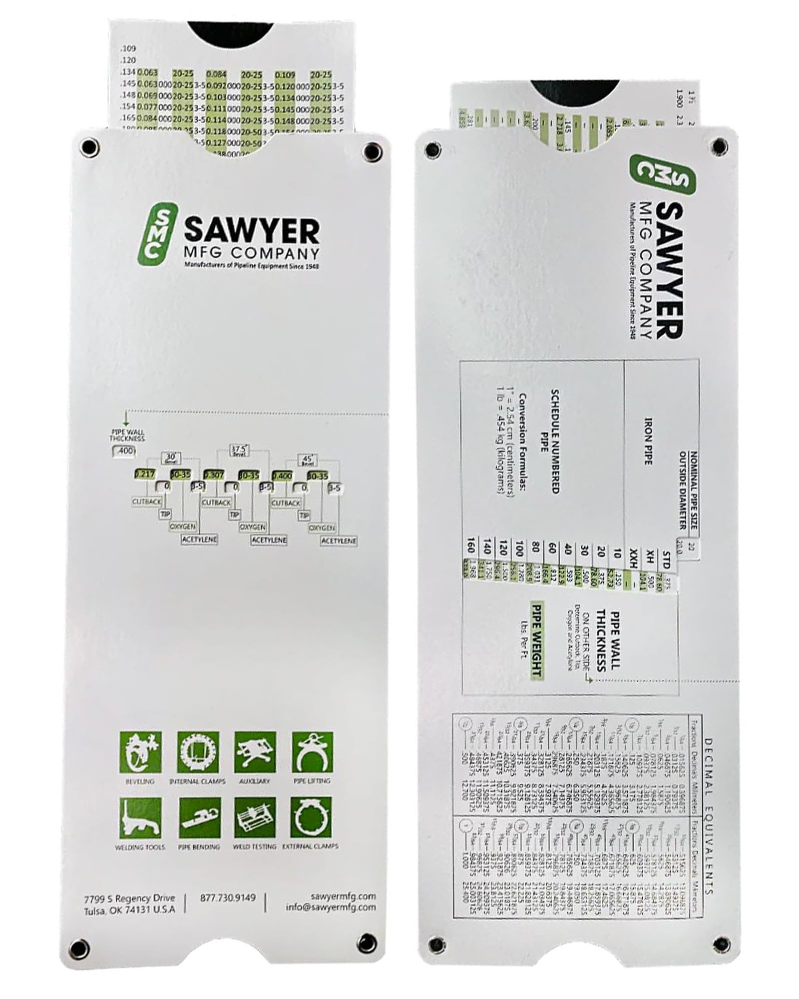 Sawyer Mfg Company - Slide Rule Tool for Pipe Cutting & Measuring - Ruler to Easily Determine Pipe Thickness, Weight & Cutback Lengths with Oxygen & Acetylene Settings for Bevels - 11.5” x 4.25”
