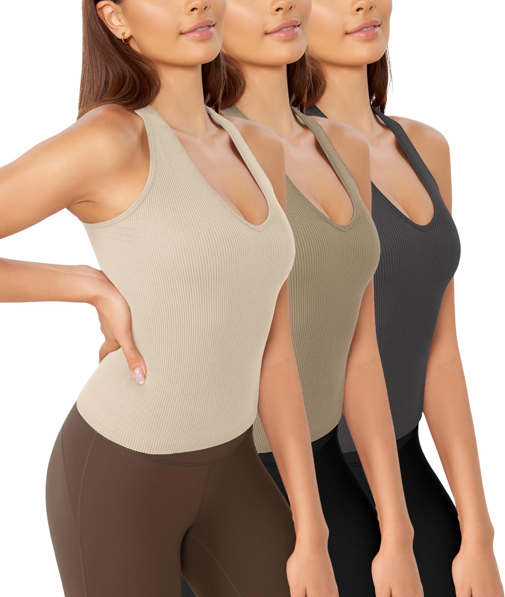 ODODOS3-Pack Seamless Racerback Crop Tank for Women Ribbed Knit Soft Crop Tops