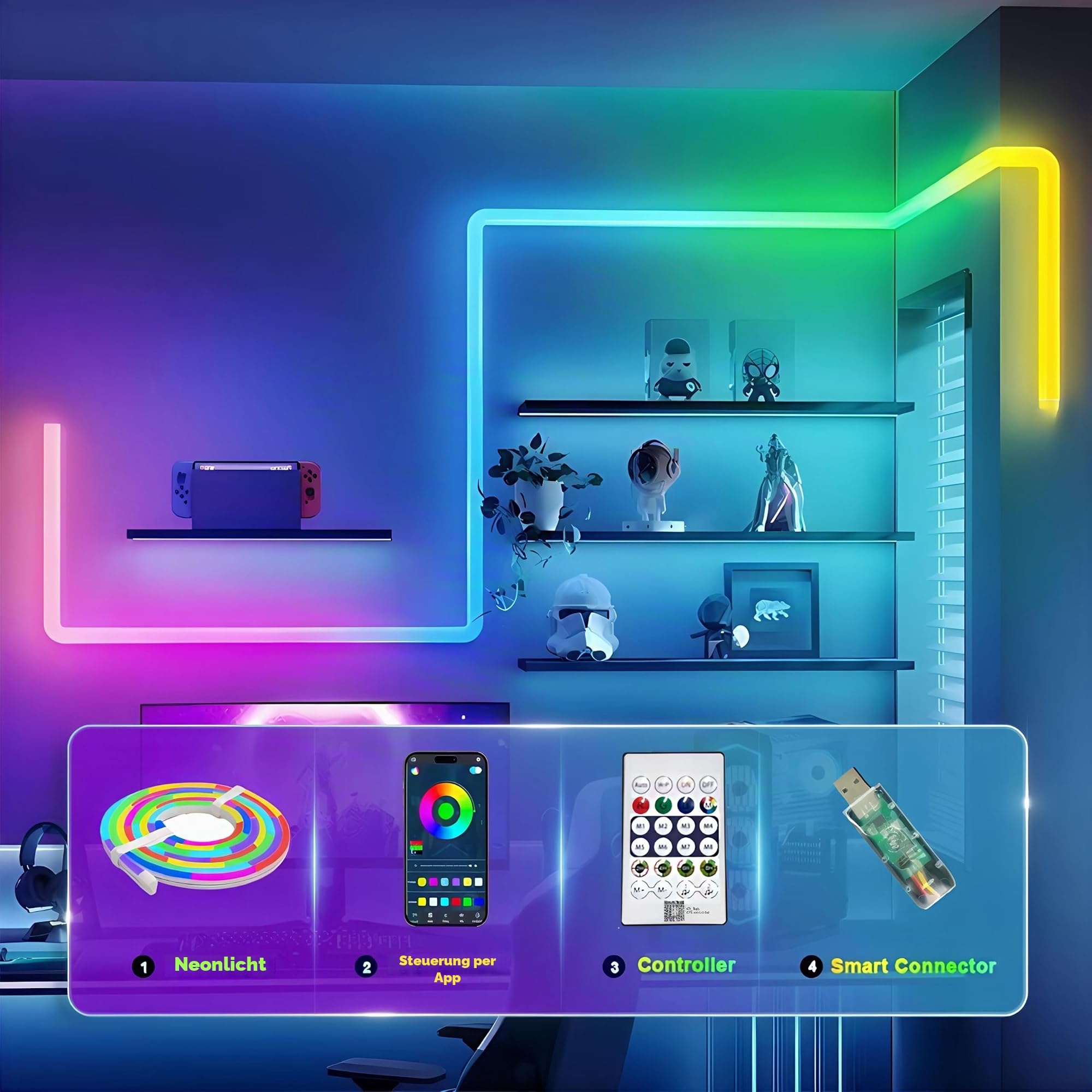 LED Neon RGB Lichtstreifen 5 m, App-Steuerung & Fernbedienung, Musikmodus, RGB-IC, IP65, flexibler mehrfarbiger LED Strip für Schlafzimmer, TV-Wand und Gaming Zimmer