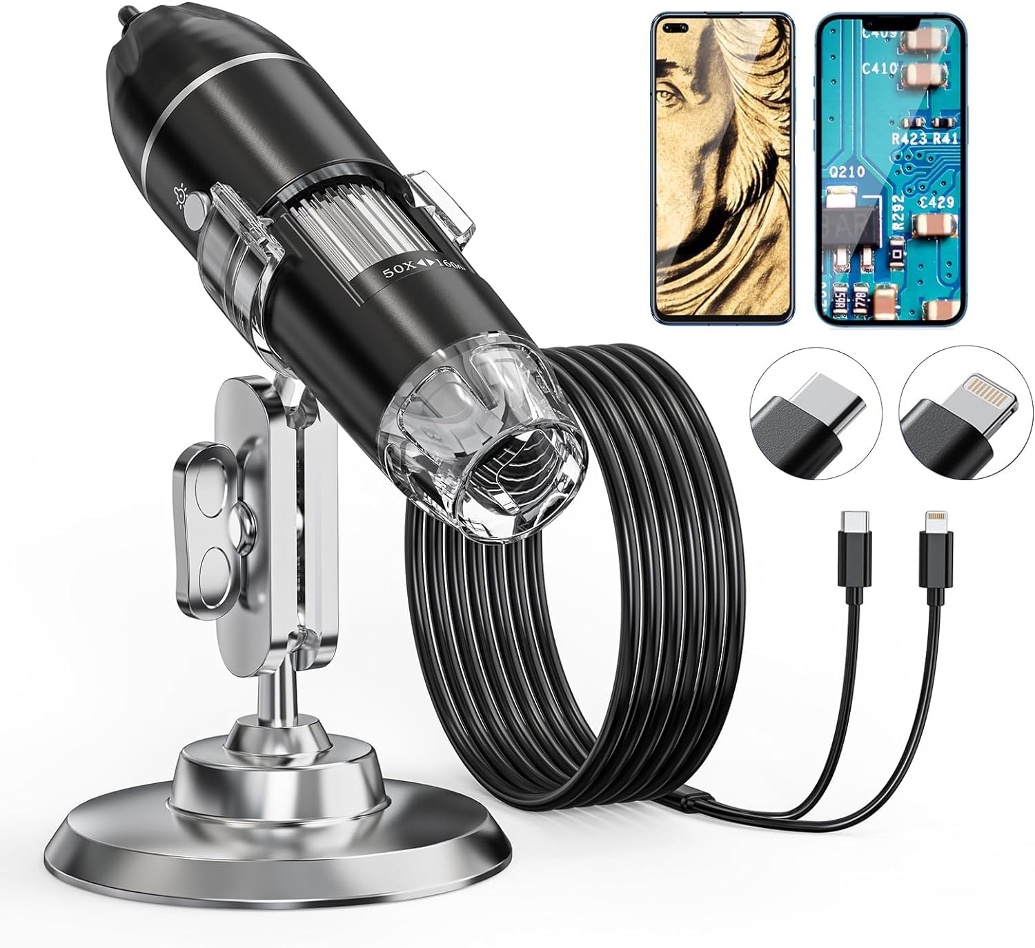 Microscopio digitale USB, AOPICK 10X-200X Ingrandimento fotocamera endoscopio, microscopio digitale portatile con 8 luci a LED per Android(USB-C), iPhone e iPad