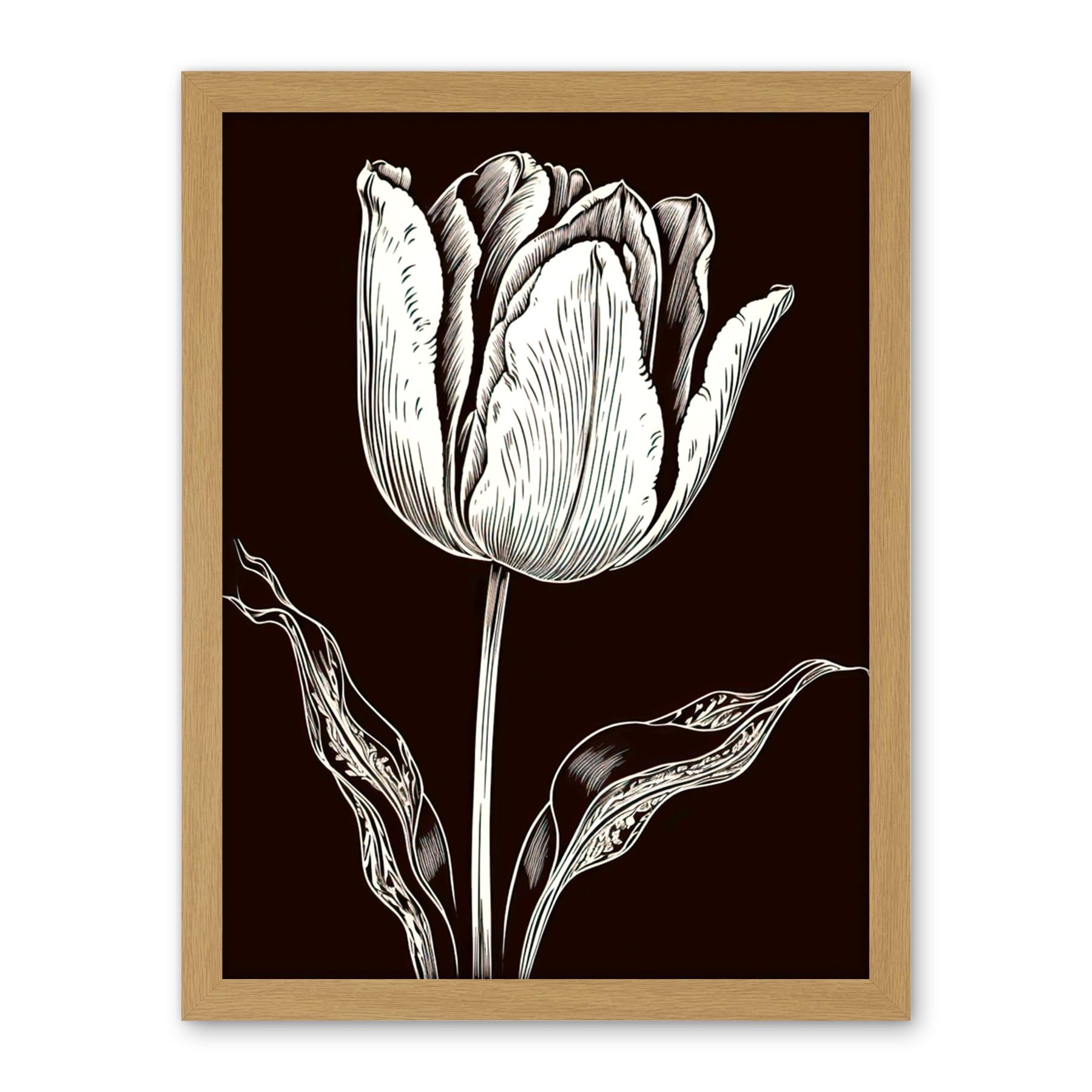 Artery8 Tulip Flower Black and White Contour Folk Art Artwork Framed Wall Art Print 18X24 Inch