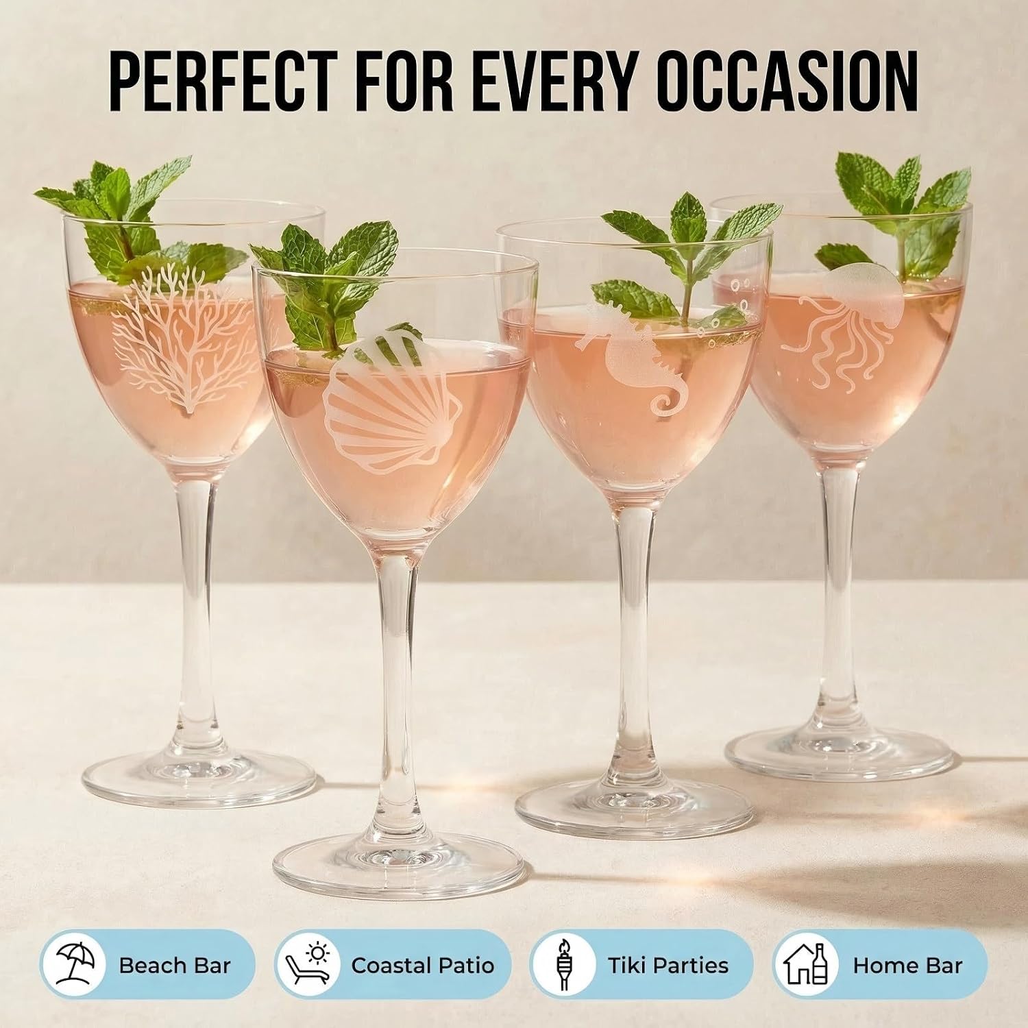 5oz Nick & Nora Cocktail Glasses Ocean | Set of 4, Laser Engraved, Stem Cups