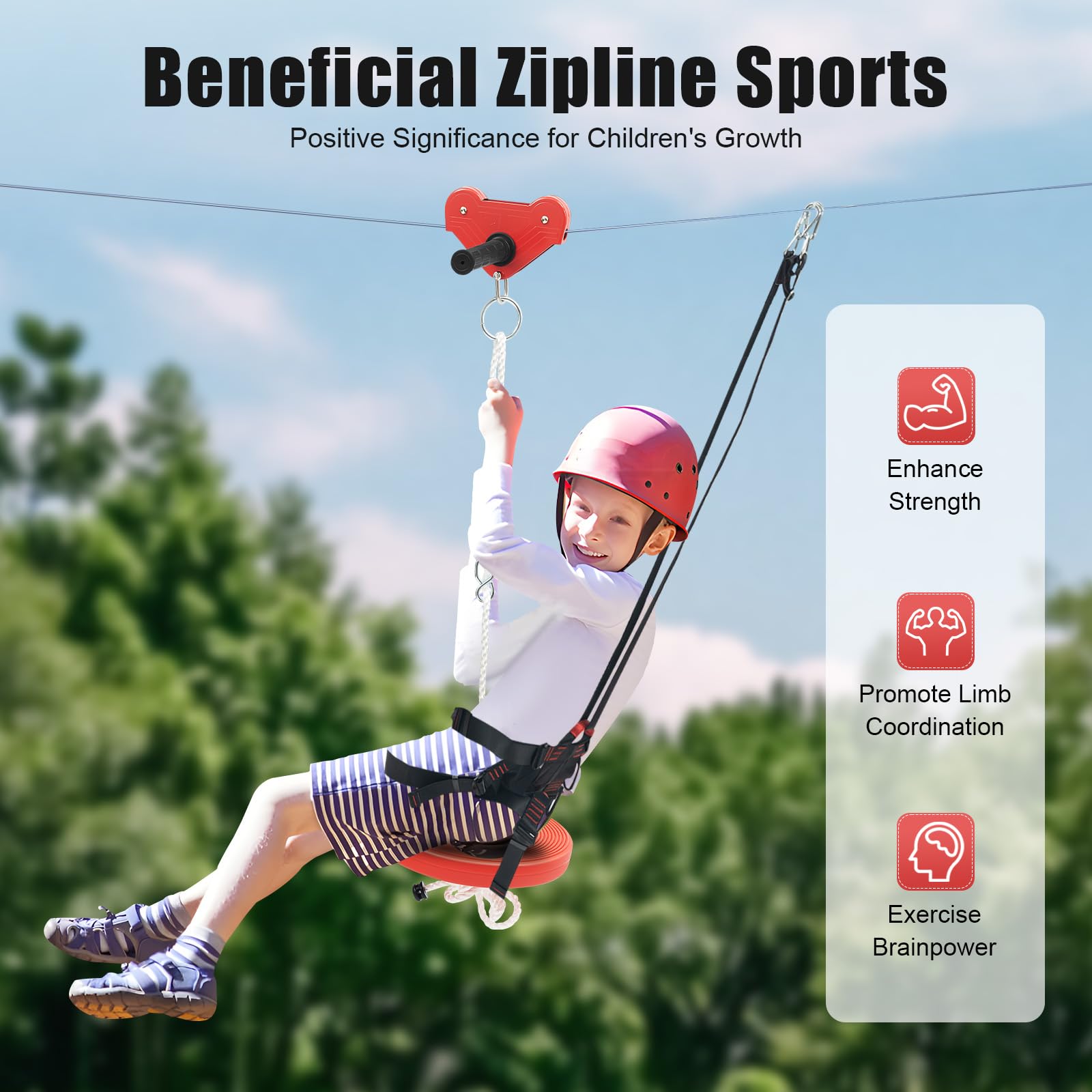 PIAOCAIYIN 160ft Zip Line Kit for Kids and Adult Outdoor, Up to 330 Lb Zip Line Kit with Stainless Steel Spring Brake & Multifunctional Seat for Home Backyards, Parks, Camping