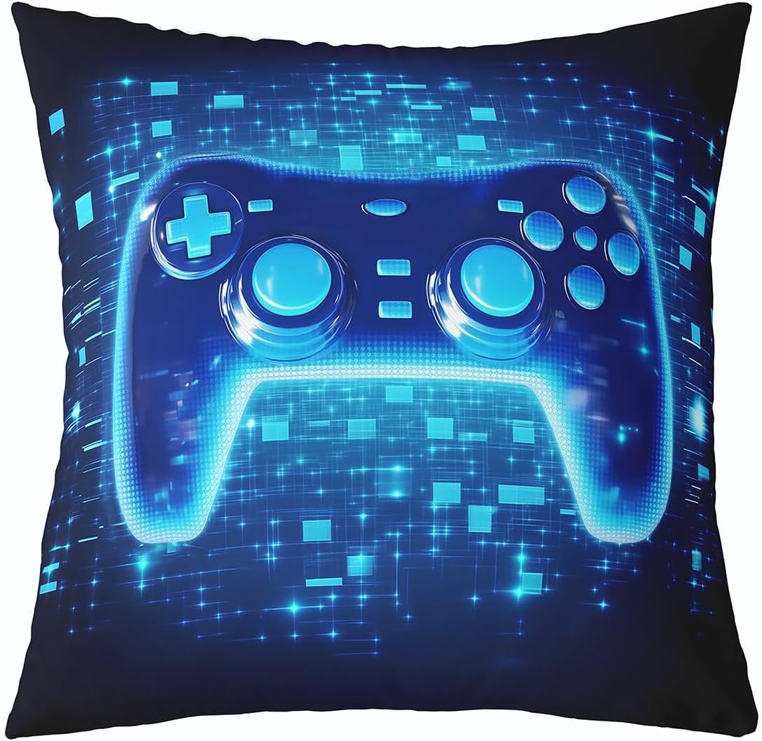 Boys Gaming Pillow Cover 16x16 Inch,Video Game Consoles Blue Gamepad Cushion Cover for Office Living Room Cool Abstract Square Grid Cushion Cover for Office Living Room