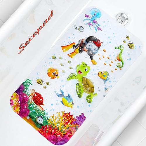 Alfombra de baño para bebé para niños, 27.5 x 15 pulgadas, antideslizante, con dibujos animados, con agujeros de drenaje y ventosas, lavable a