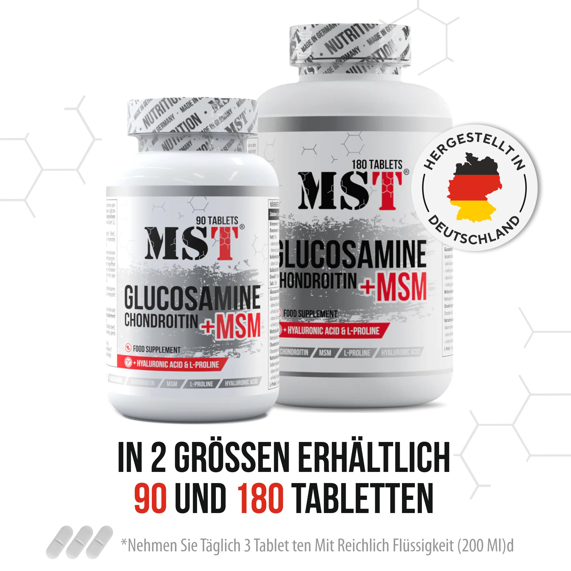 Glucosamine Chondroïtine MSM + Hyaluron + L-Proline | Complément alimentaire pour articulations, cartilage, arthrose et rhumatismes | Soutien à la production de collagène | 180 comprimés | MST