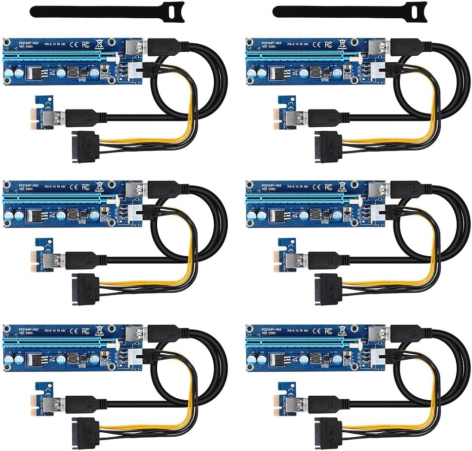 PCIE Riser, Bermunavy PCI Express Riser Adapter - Ver 006C 1x a 16x Graphic Card with USB 3.0 Extension Cable SATA to Molex 6 Pin Power Cable for GPU Card Extend Ethereum Bitcoin Crypto Currency Mining(6 Pack)