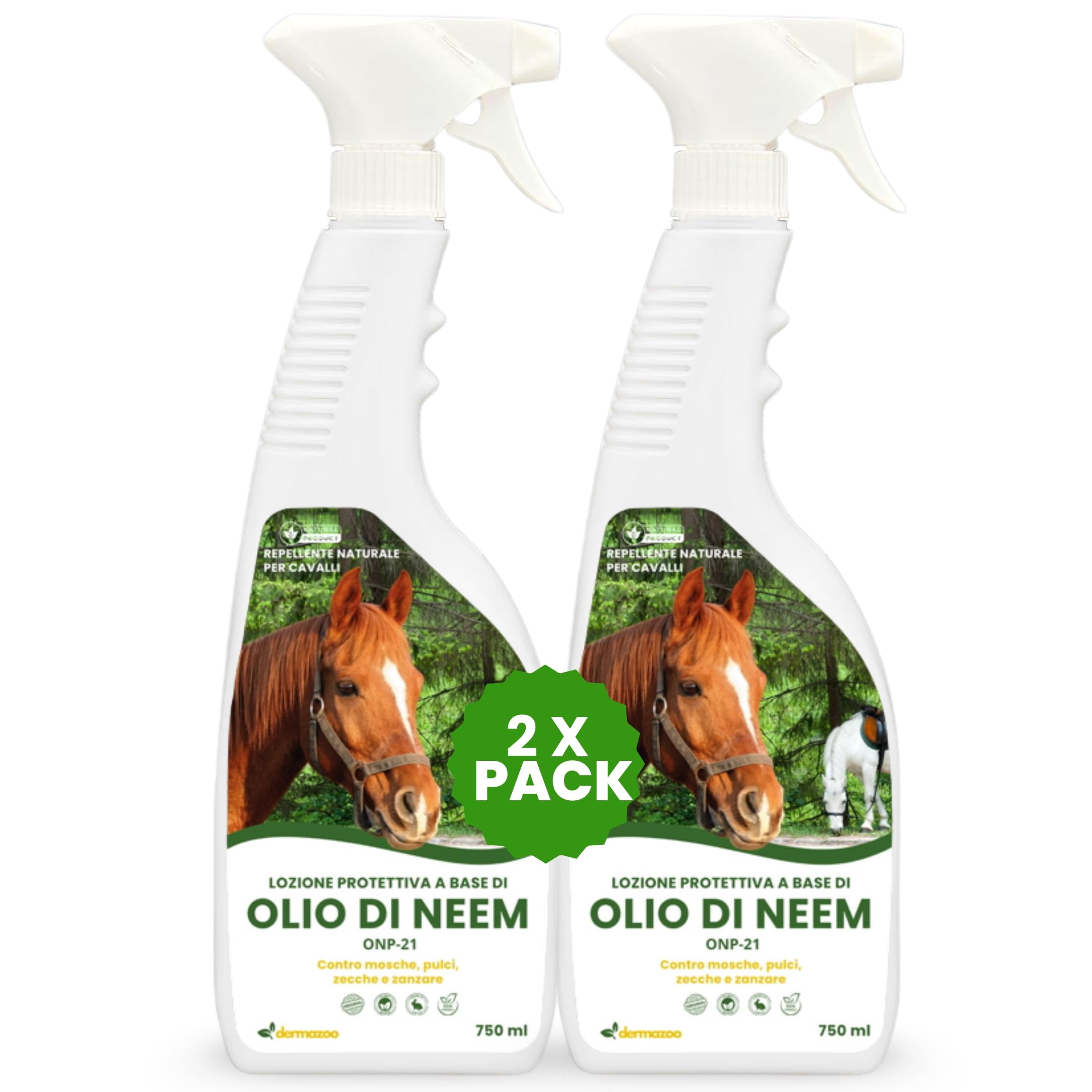 Dermazoo Olio di Neem per Cavalli ONP-21, Repellente Cavalli Antipulci 2 x 750ml, per Pidocchi, Zanzare, Zecche, Mosche e Tafani, Lozione Spray Antizanzare Sicura, Naturale e Specifica