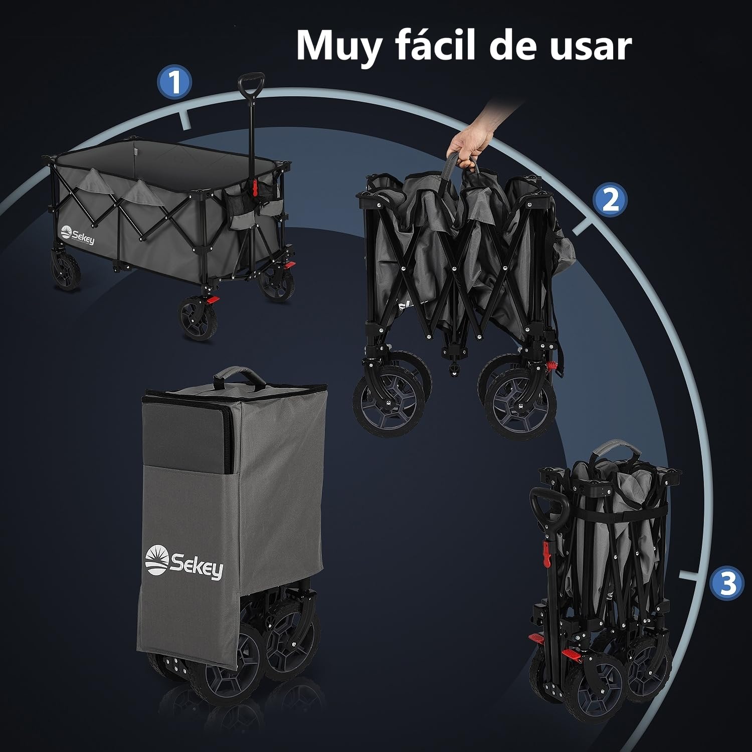 Sekey XXL Plus Carro Plegable con Rueda Frenos 200L 200KG, Carrito Transporte para Playa Camping Jardín, Patentado Plegable en Cuatro Direcciones SE4010, Antracita