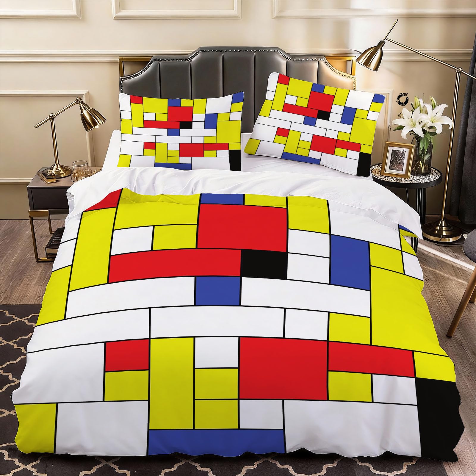 3D Patchwork Geometric Stripe Duvet Cover Cartoon Bedding Double Bed Set, Soft Microfiber Comforter Cover Printed with Zipper Closure Quilt Coverr 200x200 cm and 2 Pillowcases