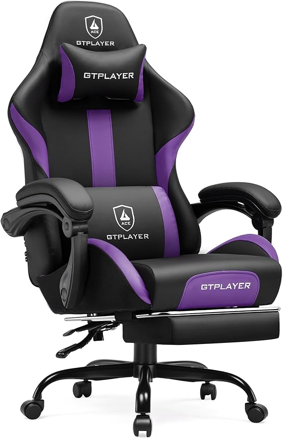 GTRACING Gaming Chair with Foot Rest & Pocket Spring Cushion, Ergonomic High Back Computer Chair with Headrest & 360°-Swivel Seat for Home Office Desk, PU Leather, Purple