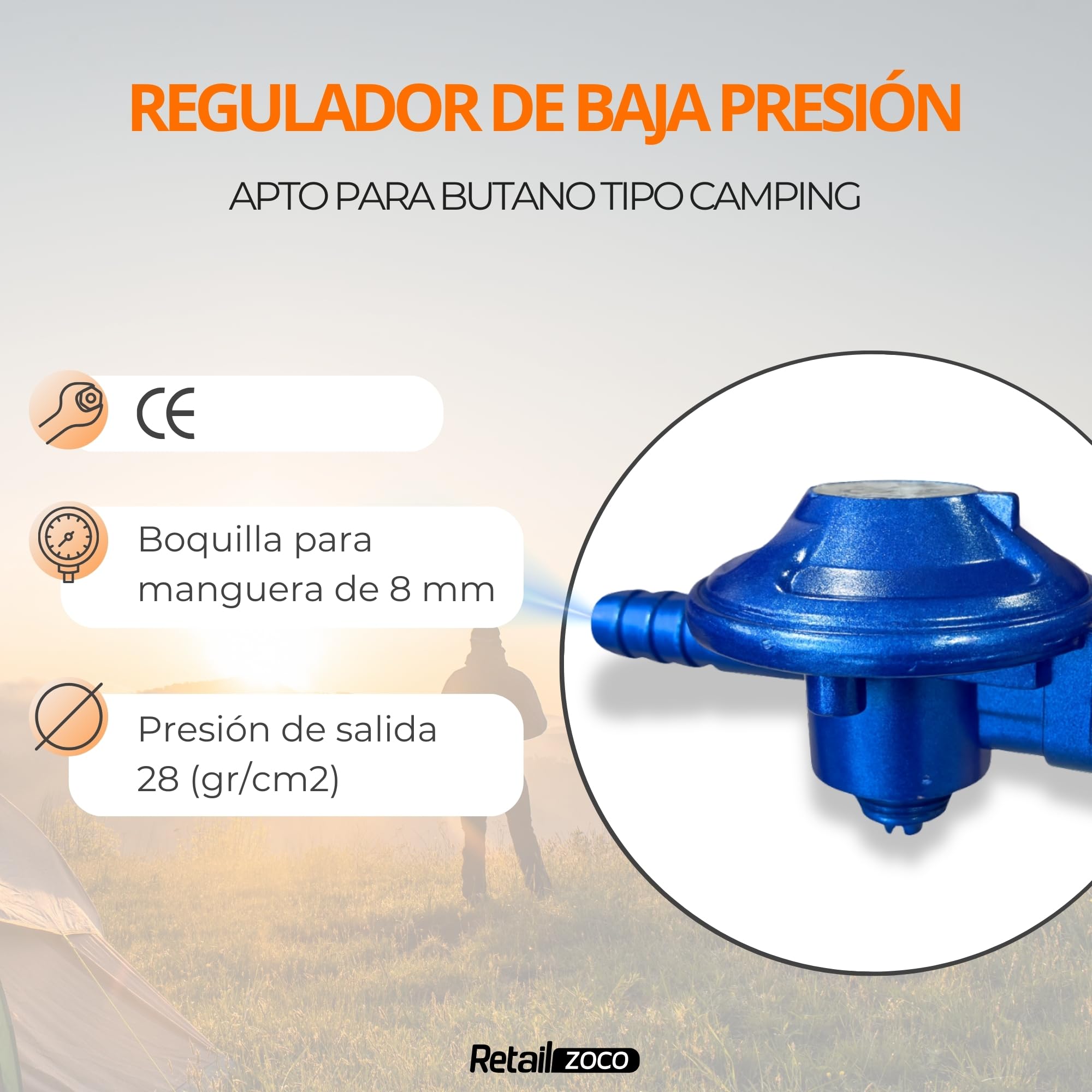 TECHZOCO Kit Completo butano para bombona de butano de Camping + Tubo Goma 1,5 Metros + 2 Abrazaderas Seguridad, Homologado,Apto para aparatos de Gas para Camping, barbacoas y Calentadores
