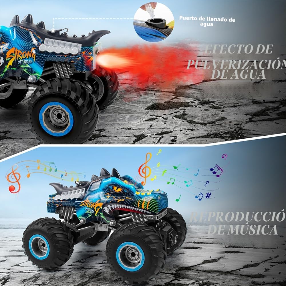 Coche teledirigido 1:16 RC Dinosaurios Monster Truck 2.4GHz 20 Km/h Radiocontrolado Todo Terreno con Niebla rociadora música Luces LED Regalo para niños de 4 5 6 8 años