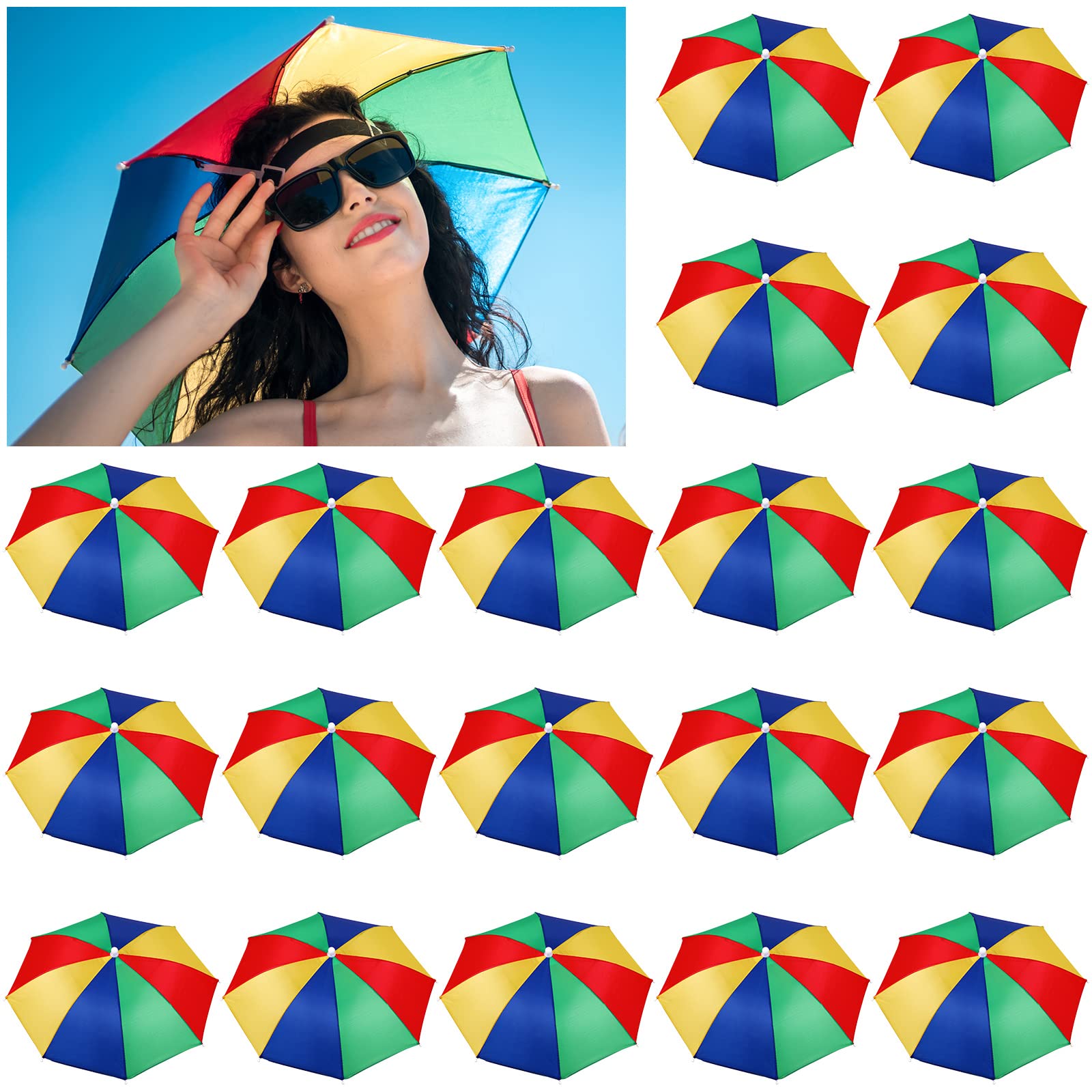 Kacctyen 20 Pieces Rainbow Umbrella Hat for Adults Colorful Waterproof Head Umbrella Cap for Beach Fishing Hiking Camping