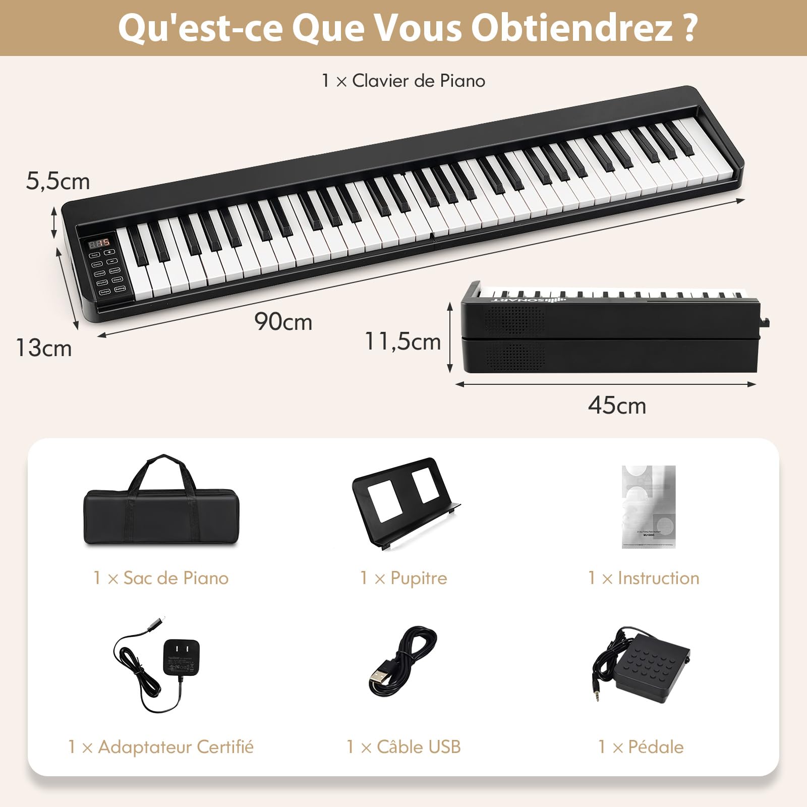 COSTWAY Piano Numérique 61 Touches Pliable avec 128 Sons & 128 Rythmes, Clavier Électronique Portable avec Fonction Bluetooth, Haut-Parleurs & Pédale de Sustain pour Enfants ou Débutants