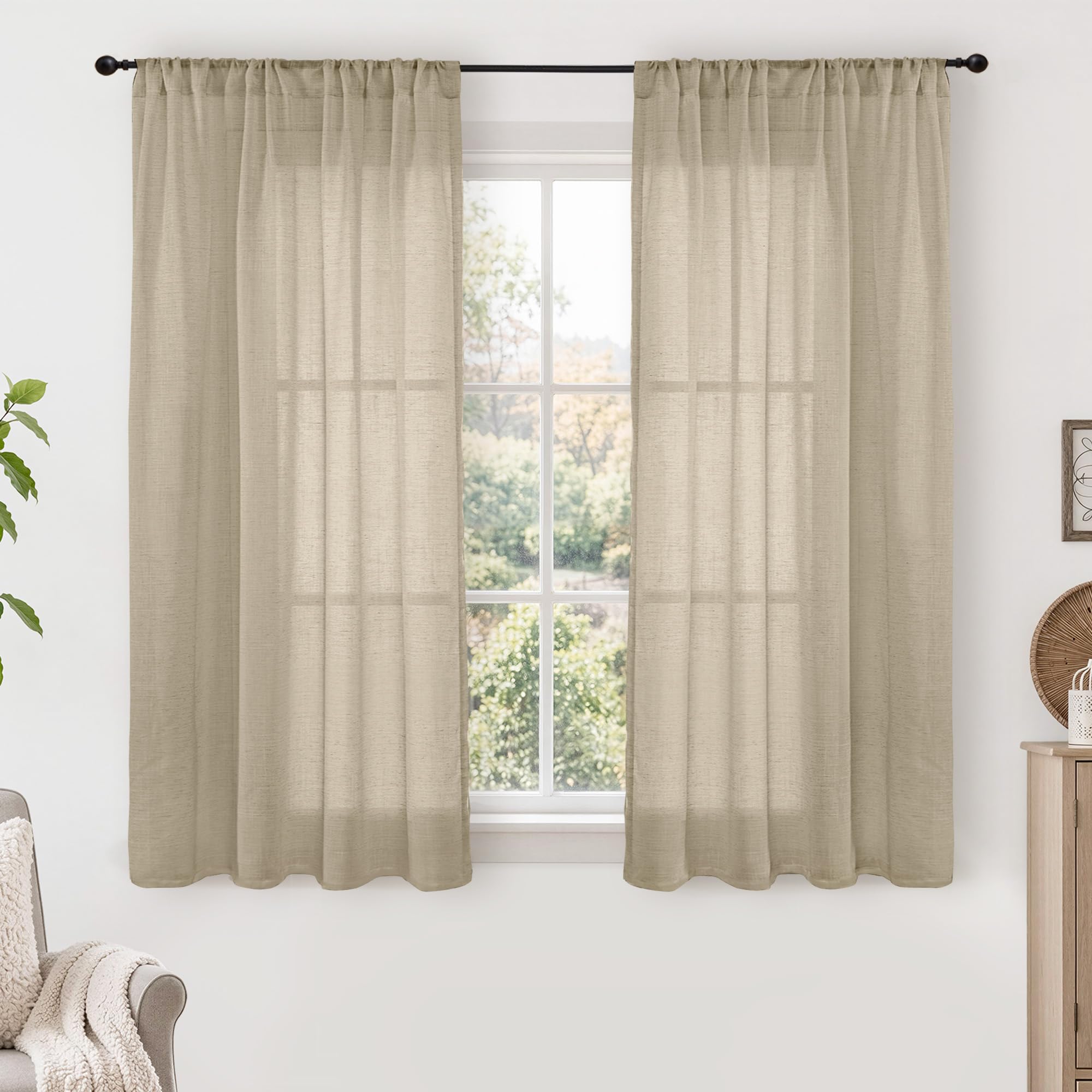 BGment Camel Linen Curtains 48 Inches Long for Short Bedroom - Semi Sheer Light Filtering Window Drapes with Rod Pocket Textured Lightweight for Dining Living Room, 2 Panels Set, Each 42 Inch Wide