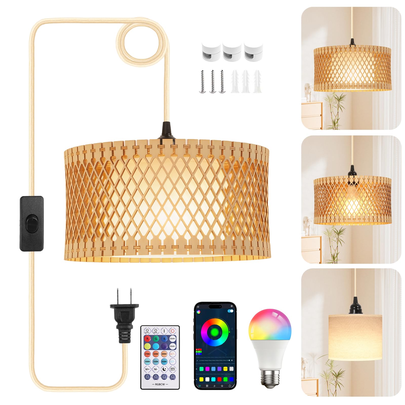 Photo 1 of ZSLAIFU Hanging Lamp Plug in Pendant Light, 15FT Hanging Lights with Plug in Cord, Hanging Light with Bulb and Remote, Wood Shade Hanging Lamps for Bedroom, Living Room, Kitchen, Farmhouse