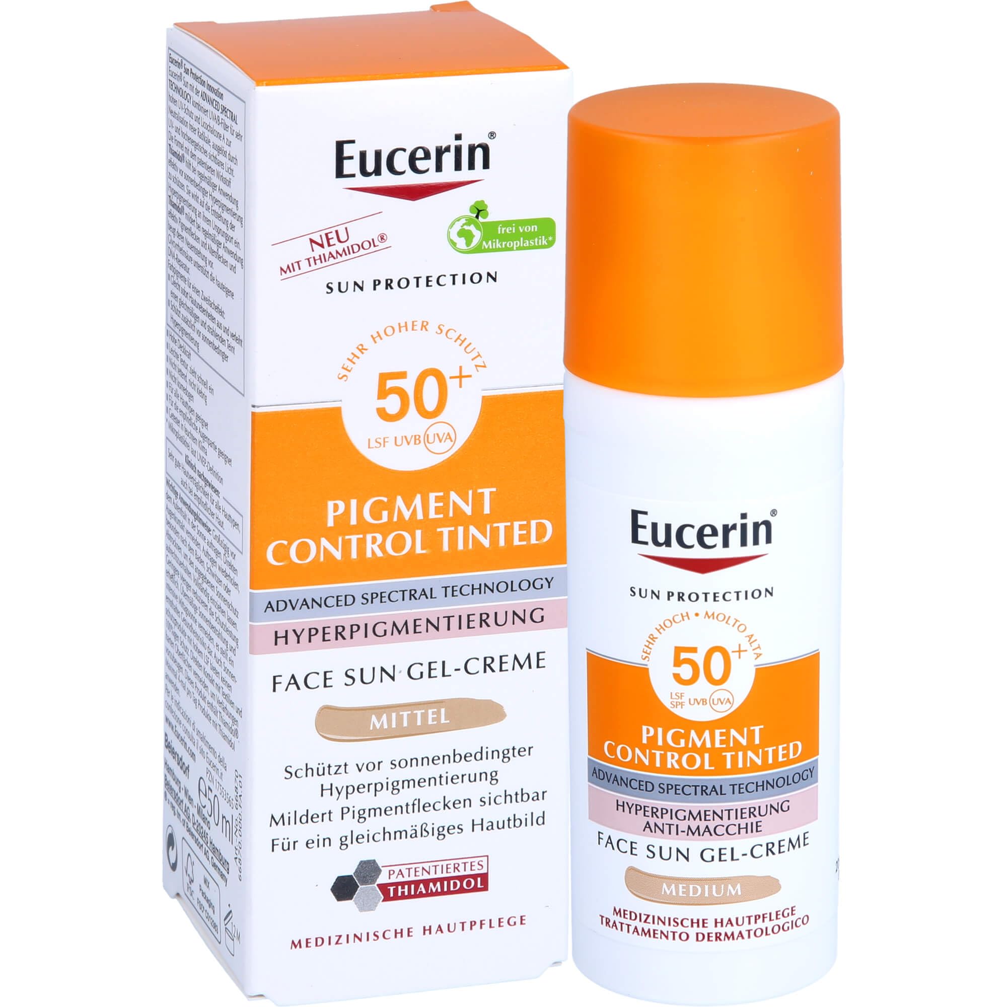 Eucerin Pigment Control Tinted Face Sun Gel-Creme LSF 50+ getönter Sonnenschutz gegen Pigmentflecken Mittel, 50 ml Kremowa