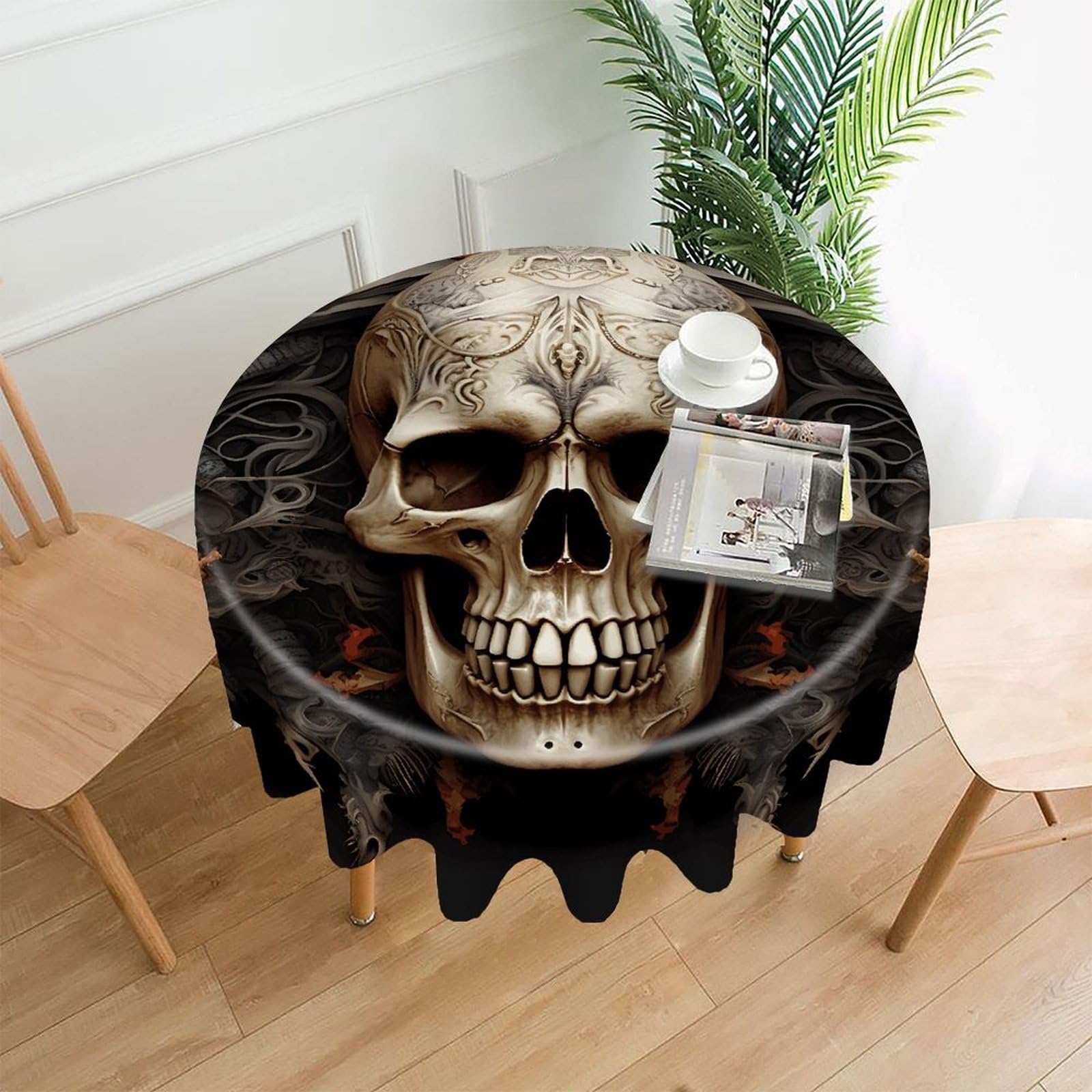 VstaDank Skulls Tablecloth Easy to Clean Polyester Round Table Cover Washable Round Table Cloth Wrinkle-Free Circle Decoration Tablecloth for Kitchen Dining Room 60"