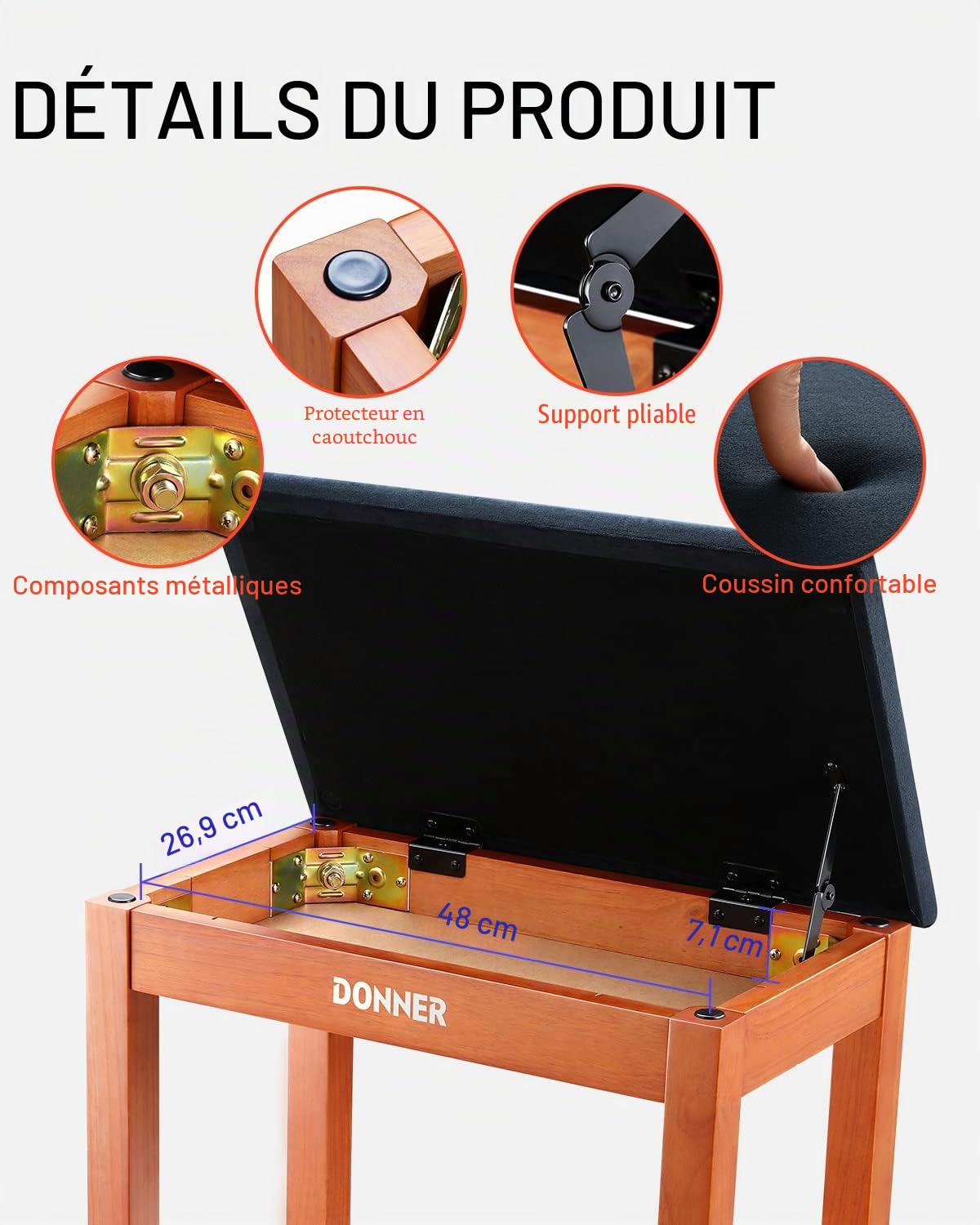 Donner Banc de Piano avec Rangement, Banc de Piano en Bois Massif avec Coussin en Daim Haute densité, Finition Bois