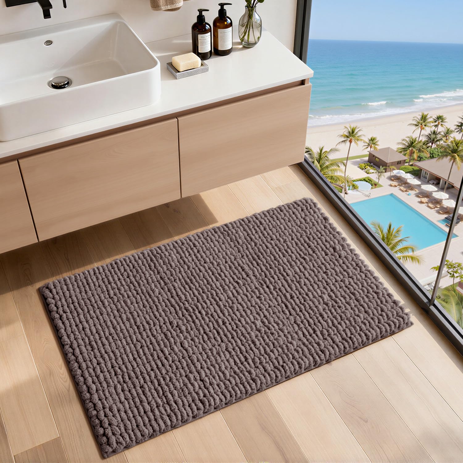 LUMI Alfombra de Baño Antideslizante de Chenilla, Extra Suave y Mullida, Súper Absorbente, Secado Rápido, Lavable a Máquina, para Ducha y Cuarto de Baño, Marrón, 60 x 110 cm