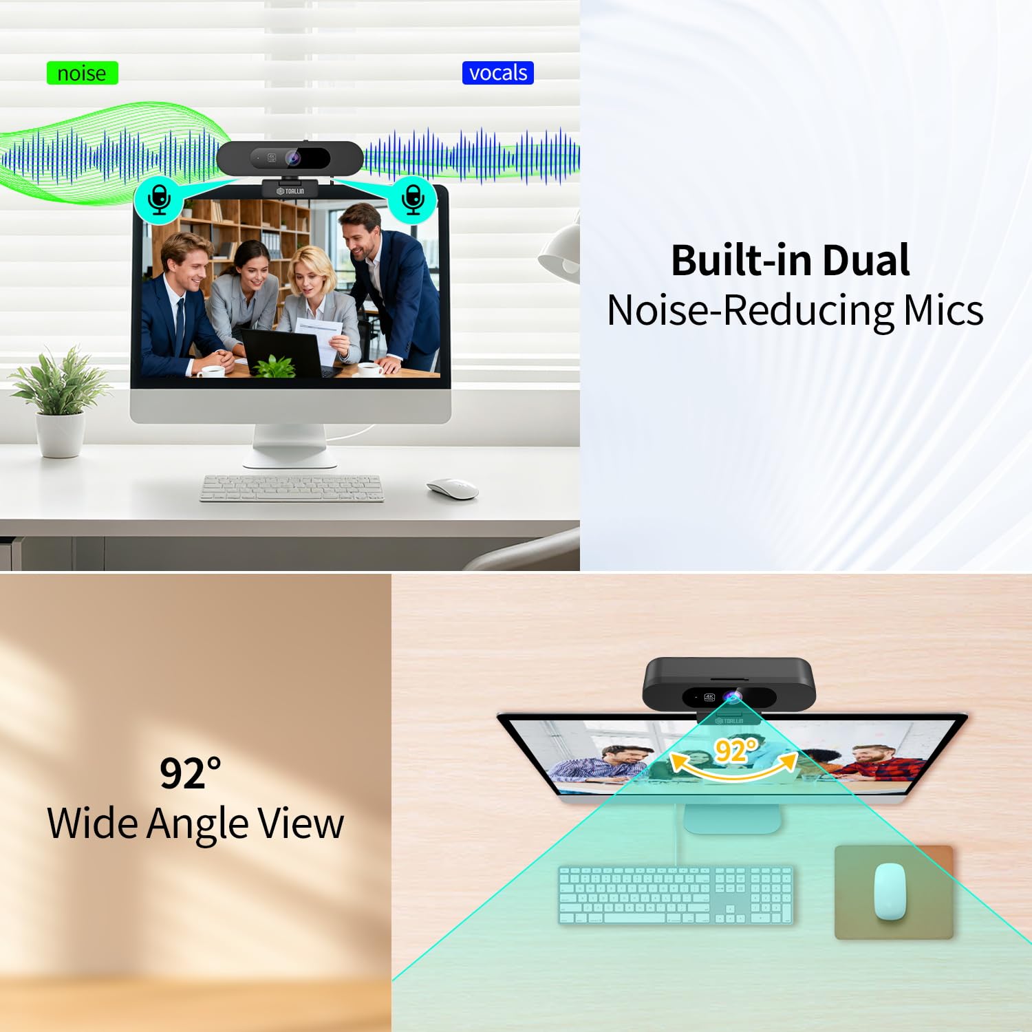TOALLIN Cámara Web 4K para PC, Autoframing IA, WDR/HDR, Imagen en Imagen, micrófonos duales Integrados, Zoom Digital de 5X, Webcam de 92° para conferencias, Streaming y videollamadas