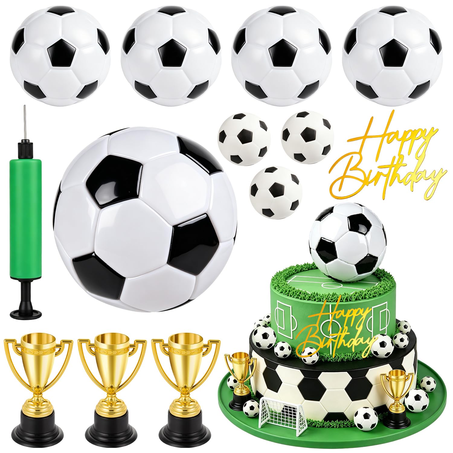 Photo 1 of 13 PCS Soccer Cake Topper Football Cake Decorations Set, Soccer Trophies Ball Cake Toppers for Boys Sports Theme Birthday Party Supplies, Mini Soccer Ball Cupcake Toppers