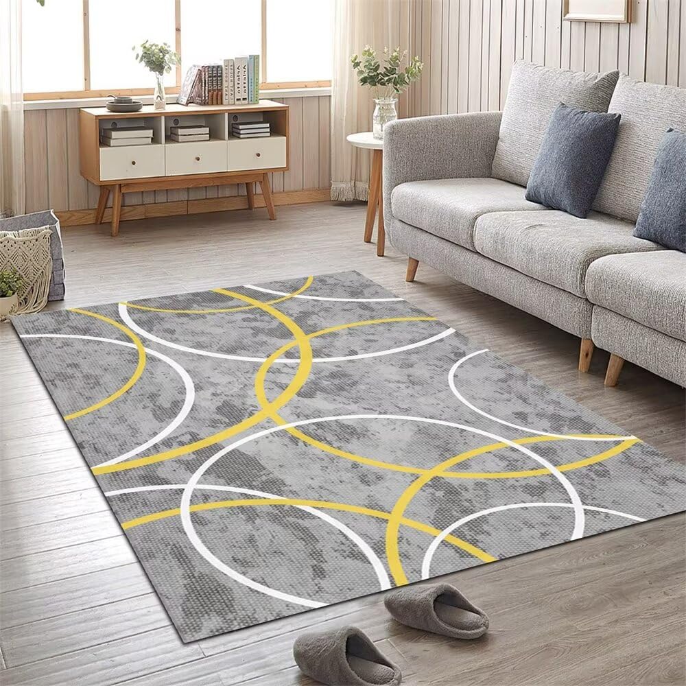 Tapis moderne salon à motif d'arc géométrique jaune pour cacher un sol abîmé