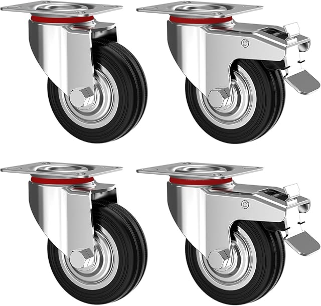 Nirox Set of 4 Heavy Duty Castor Wheels 75 mm - Swivel casters with brake up to 50 kg per wheel - Solid rubber Industrial Castors for indoor and outdoor use - Trolley Furniture Castors