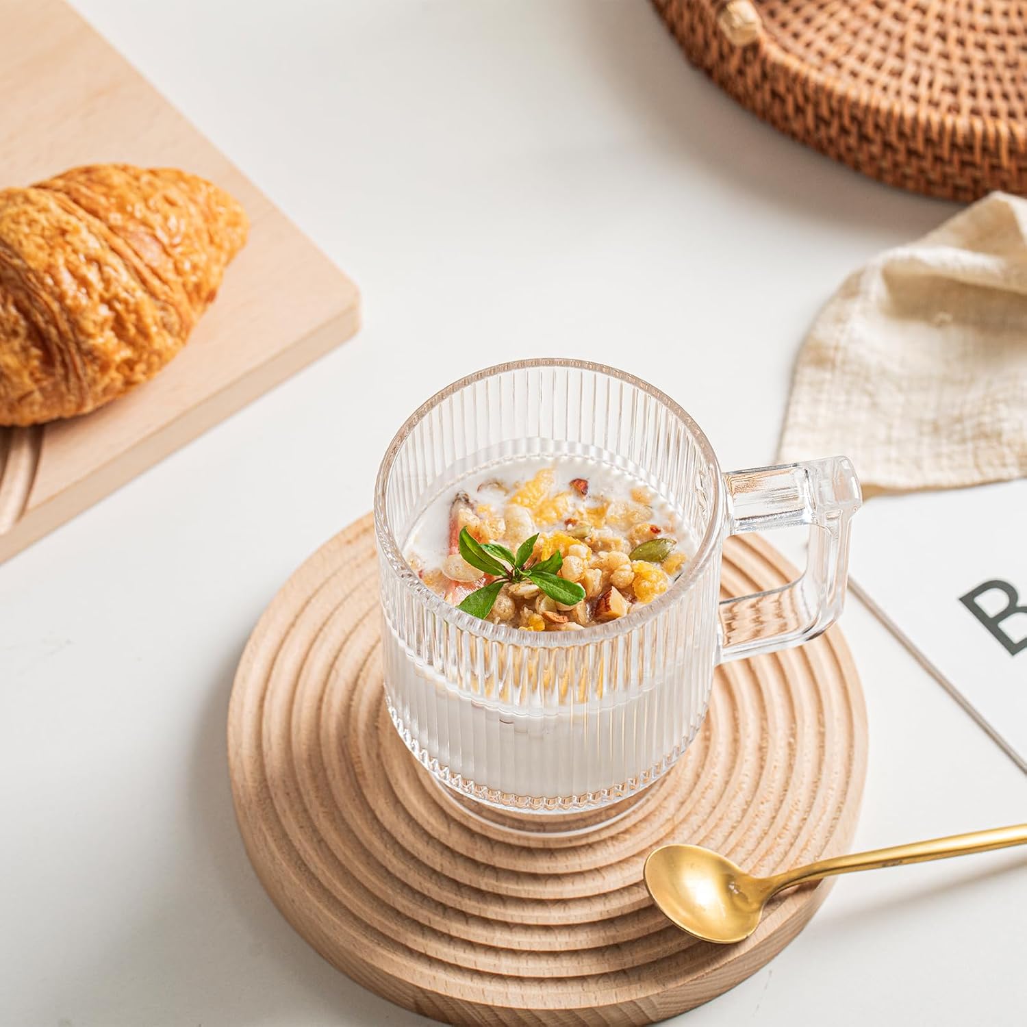 INSETLAN 6-Piece Ribbed Glass Coffee Mug Set, 10 oz Clear Glass Tea Cups with Handle, Modern Vertical Stripe Design for Everyday Drinks – Perfect for Coffee, Tea, Latte, Cappuccino, and More - Image 5