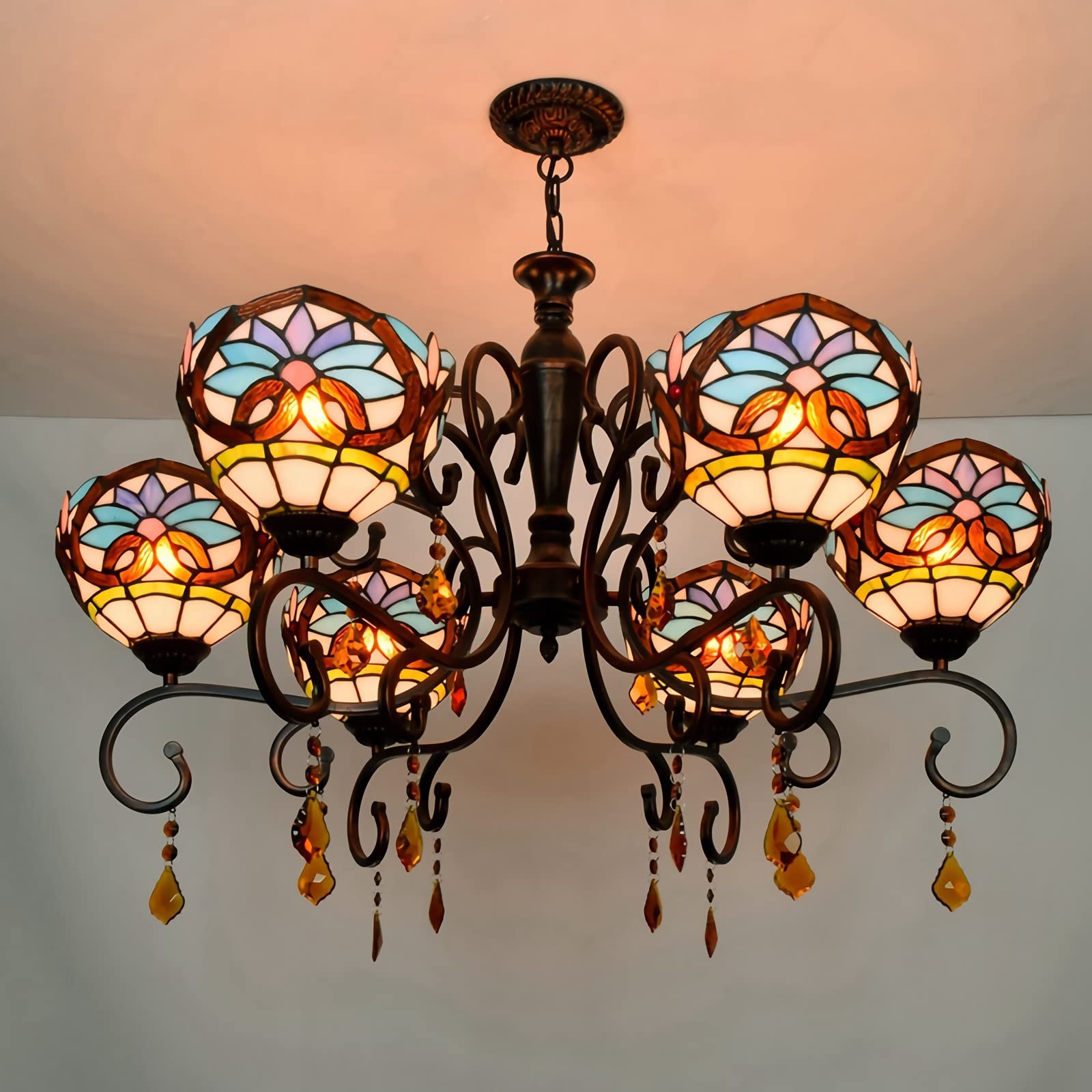 YNIYUJKL Tiffany Multi Head Chandeliers, Vintage Stained Glass Pendant Hanging Lamp, Modern Baroque Crystal Ceiling Light For Living Room, Bedroom, Hotel, Bar, Loft, Coffee,8