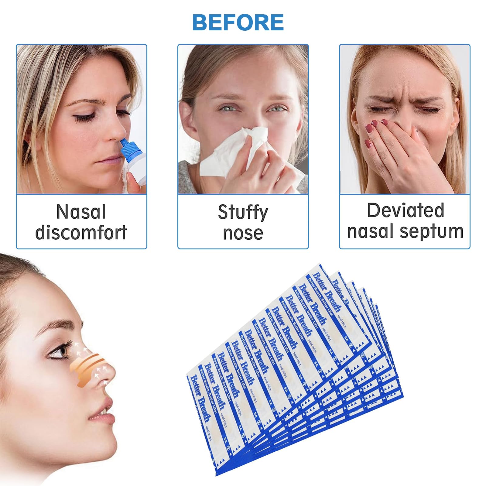 60 Pcs Tiras Nasales Antironquidos, Nasal Strips Deportivas, Tiras Nasales Anti Ronquidos para una Mejor Respiración al Dormir y Hacer Deporte -Talla L 66 x 19mm