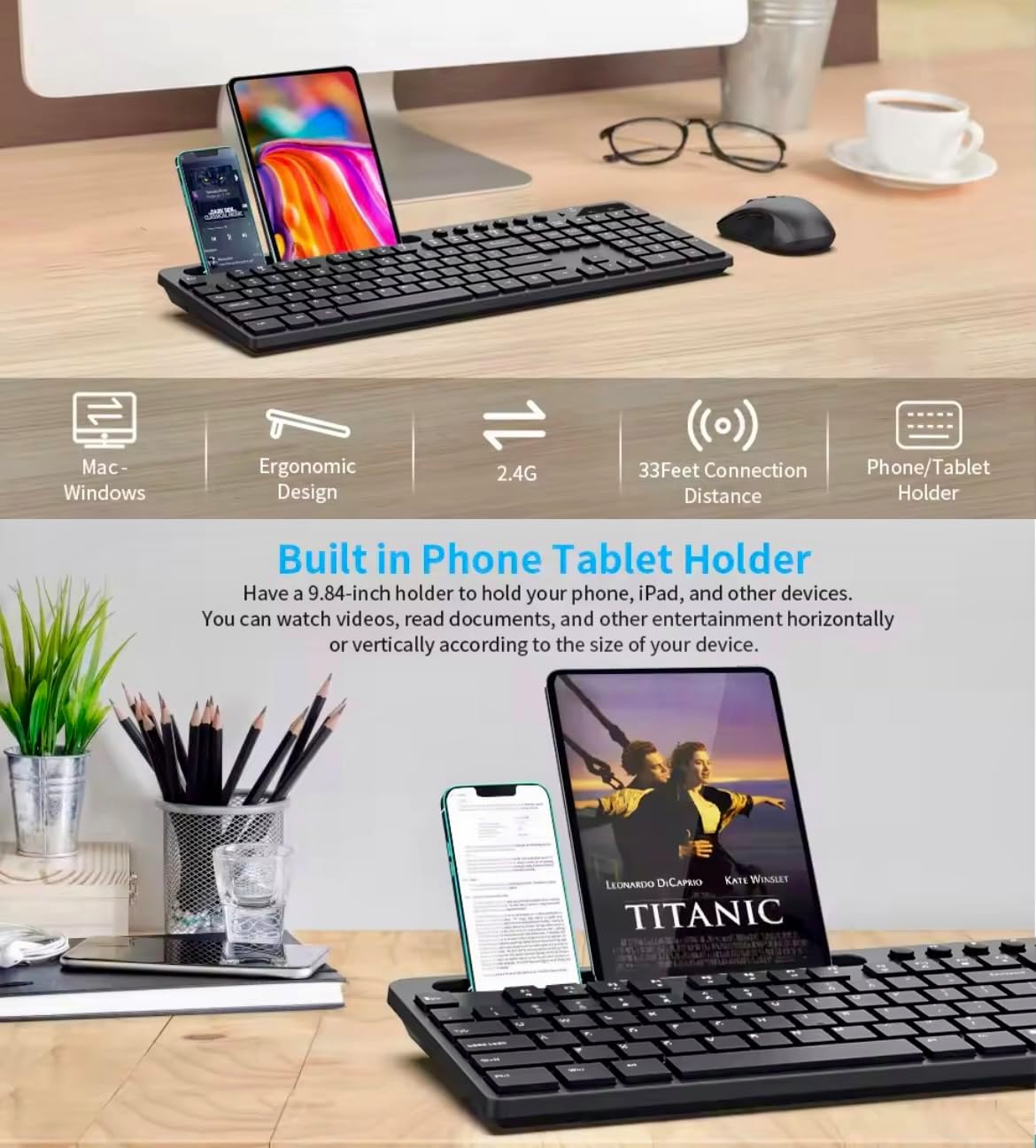 Wireless Keyboard and Mouse Combo, Rechargeable RGB Backlit 114-Key Full Size, 2.4G Silent Ergonomic for Office, Gaming, Home, Includes Phone Tablet Holder