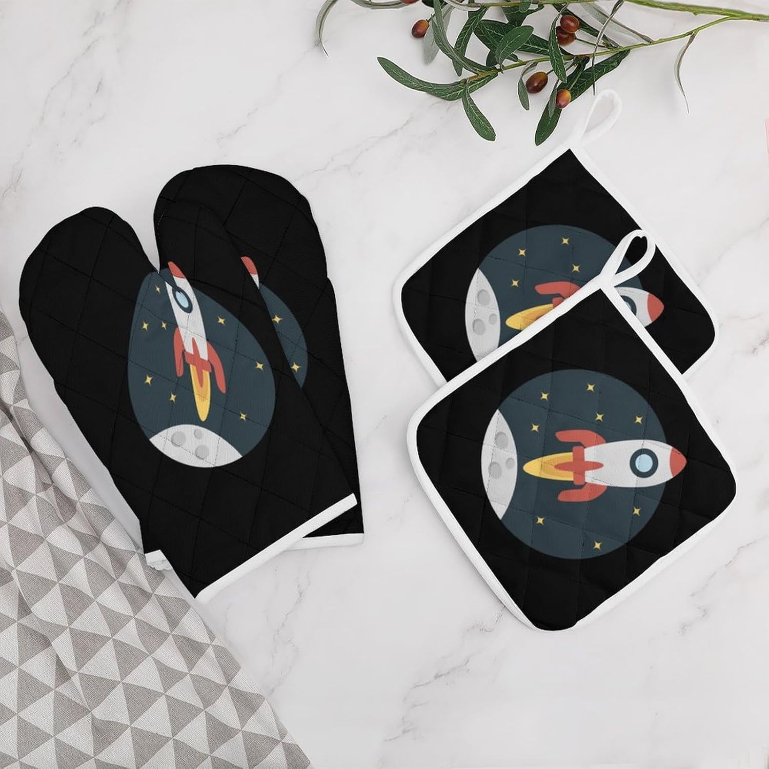 Sapce Rocket Oven Mitts and Pot Holders 4Pcs Set Heat Resistant Cooking Mitts Hot Pads