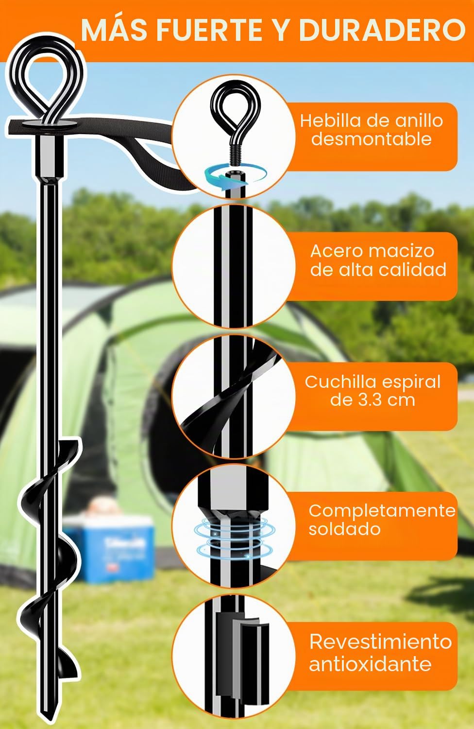 Juego de 4 anclajes para suelo, para tienda de campaña con correas, anclajes de tierra para atornillar | Para asegurar trampolines, tiendas de campaña, marquesinas, cobertizos, caravanas, etc