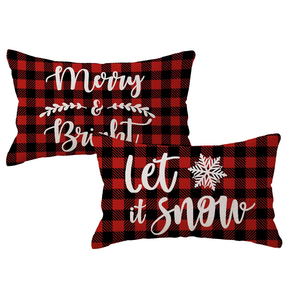 Merry and Bright Christmas Decor Pillow Covers 12x20 Inches Set of 2 Red and Black Buffalo Check Farmhouse Christmas Decorations Winter Holiday Decorative Rectangular/Lumbar Cushion Case