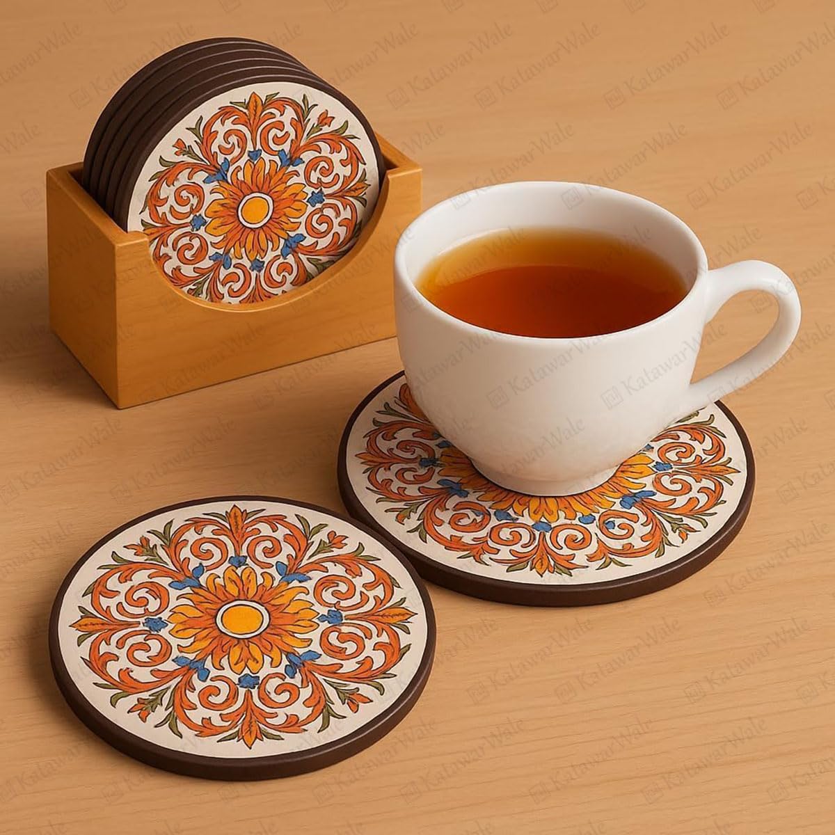 Premium MDF Wooden Coaster Set of 6 with Holder | Ethnic Indian Art Multicolor Tea & Coffee Coasters for Table | Heat Resistant Waterproof Drink Coasters (10 x 10 cm)-image-40